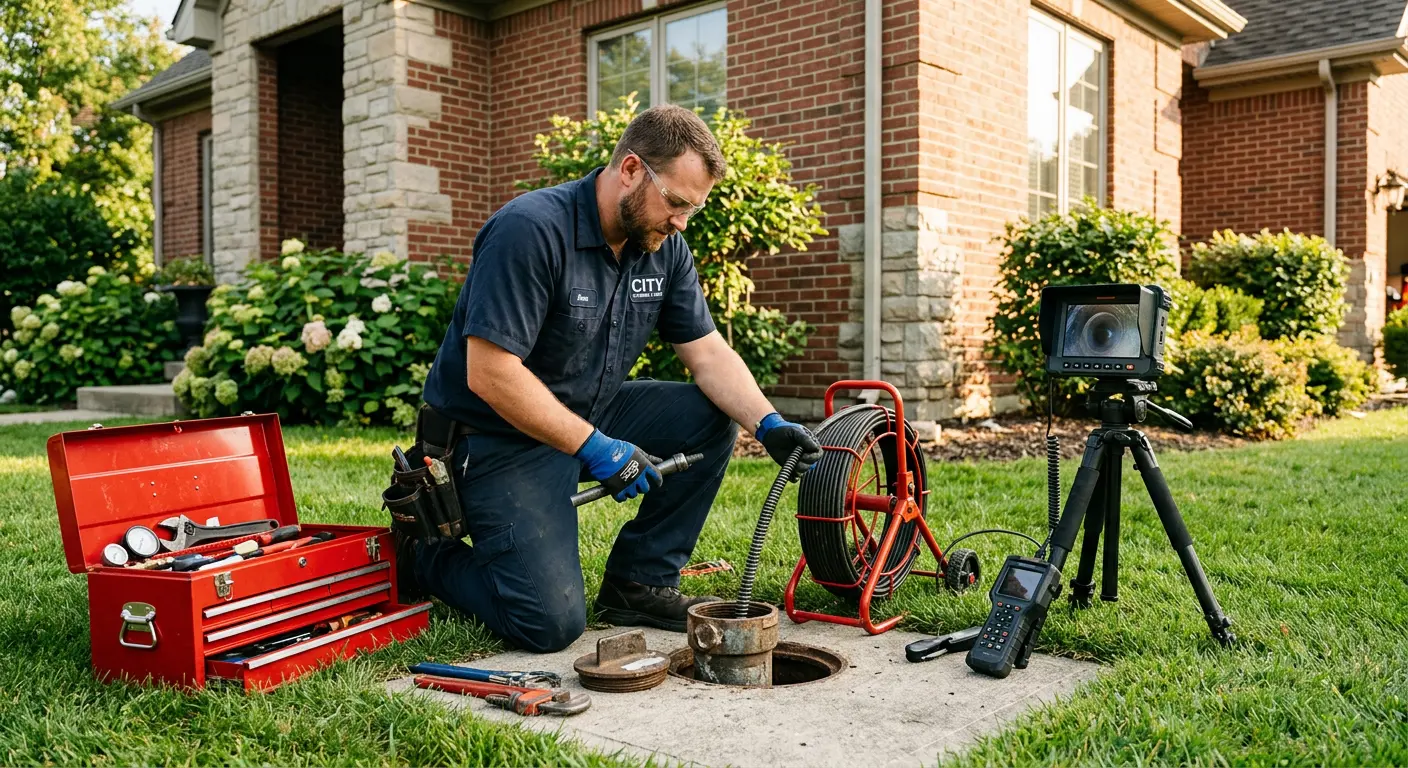 Sewer specialist with camera equipment servicing a cleanout in Basehor
