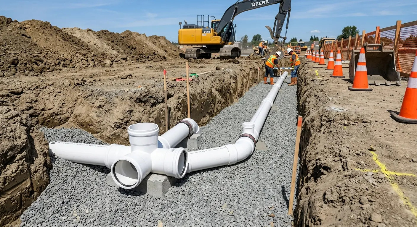 New PVC sewer pipe installation in open trench for Commercial Drain Cleaning in Basehor