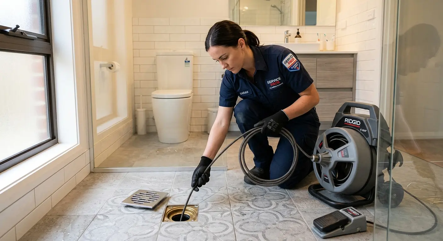 Technician clearing a bathroom floor drain for Clogged Drain Repair in Basehor